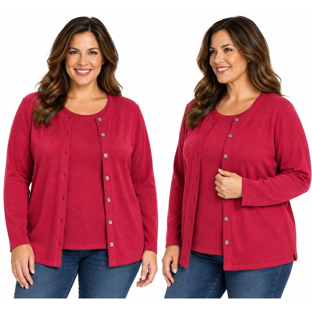 Liz Baker Red Twin Set Cardigan XXL Tall and Short Sleeve Knit Top 1X Plus Size